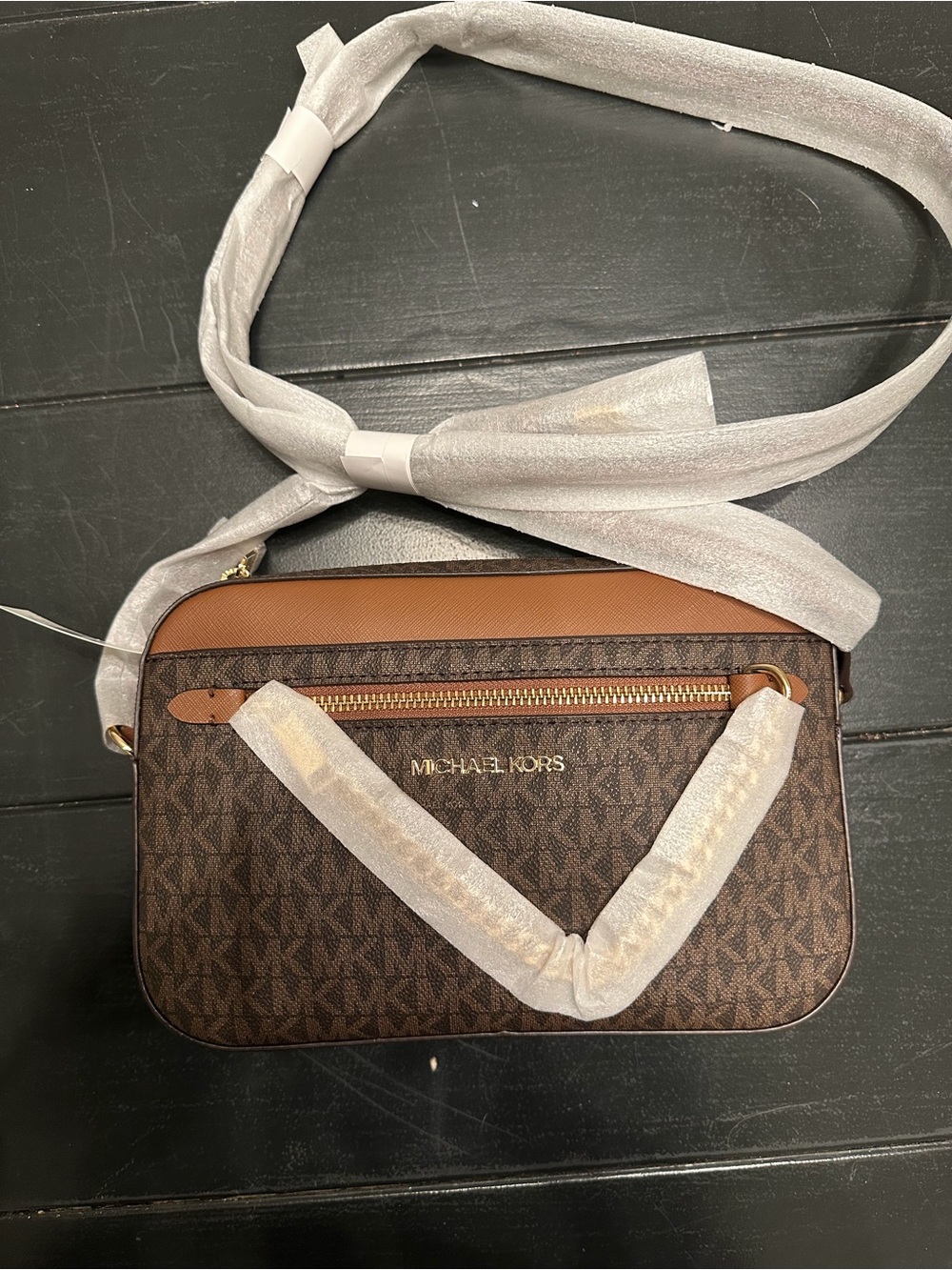 Michael Kors Brown and Tan MK Logo Crossbody Bag